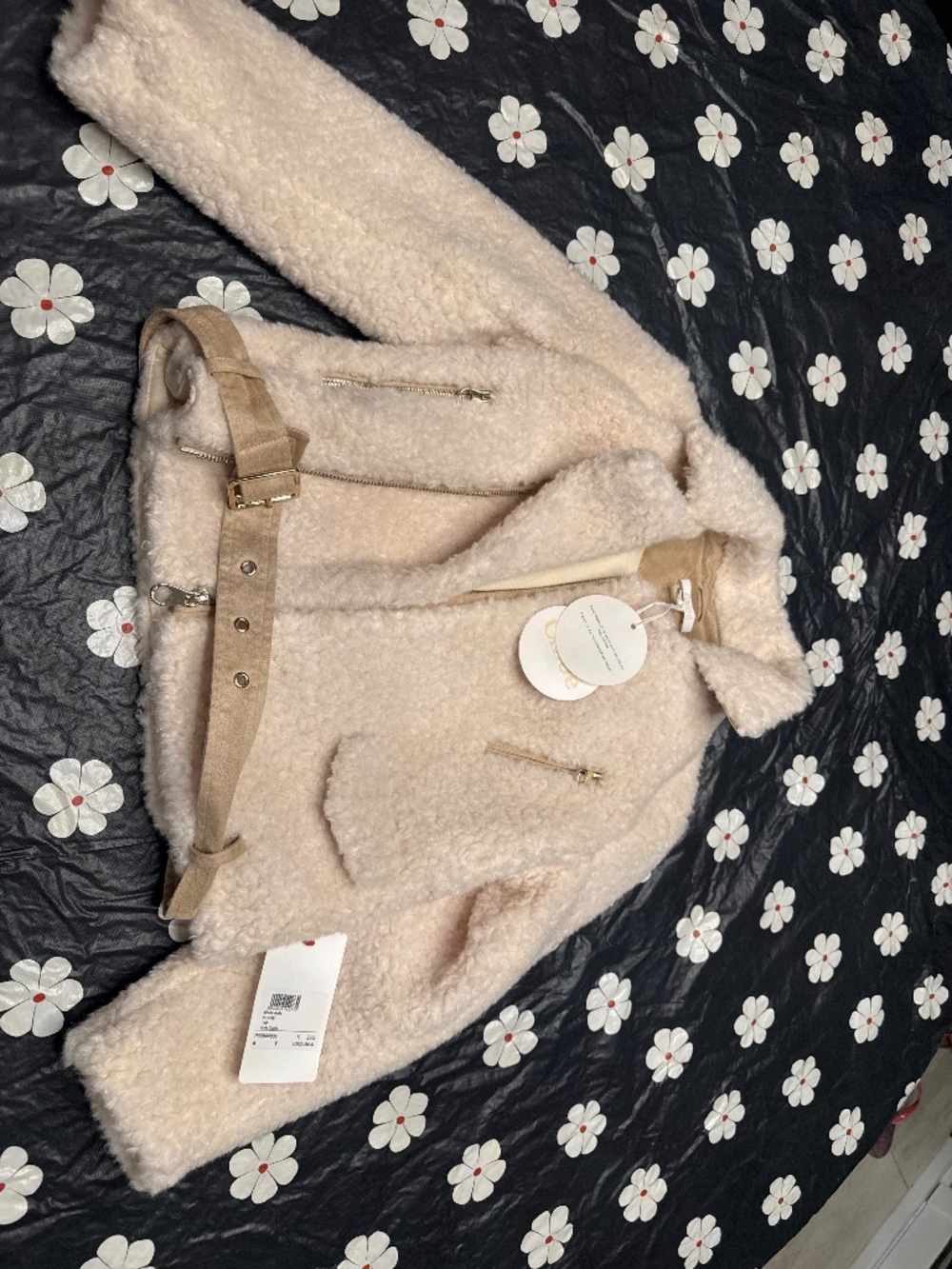 NWT Chloé Kids Cream Faux Shearling Suede Biker Jacket Coat (Size 8 / 8Y)